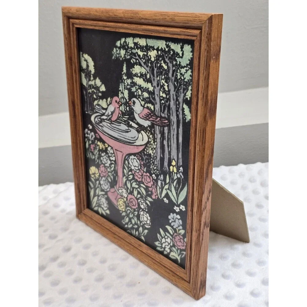 90's Fuzzy Velvet Art 8x10 Wooden Picture Frame Easel Back Birds Garden Birdbath